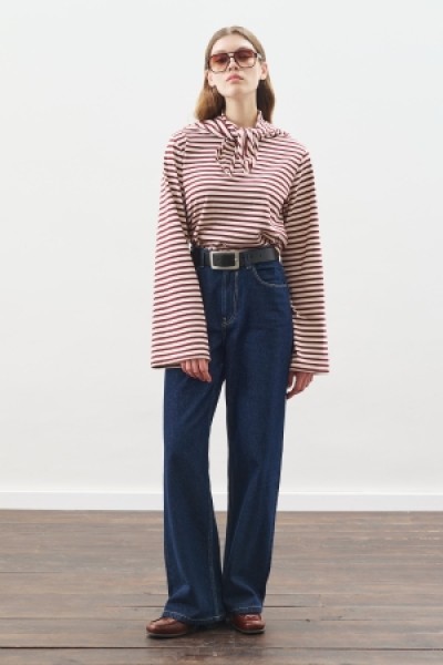 ŞAL DETAYLI ÇİZGİLİ TSHIRT BORDO 