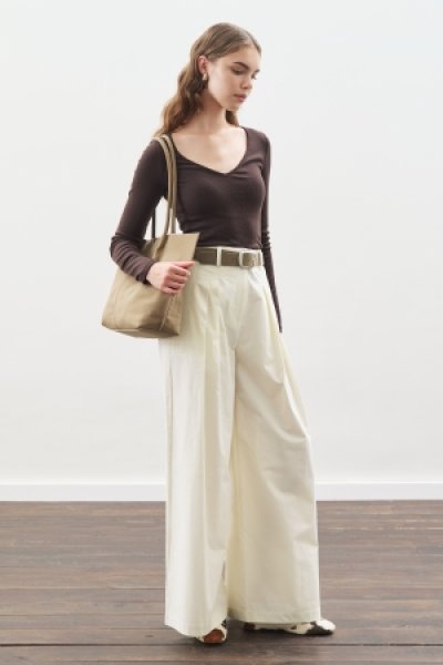 WIDE PLEATED GABARDINE TROUSERS ECRU 