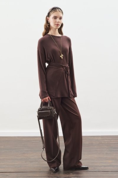 BELİ BAĞLAMA TASARIMLI BLUZ ACI KAHVE 