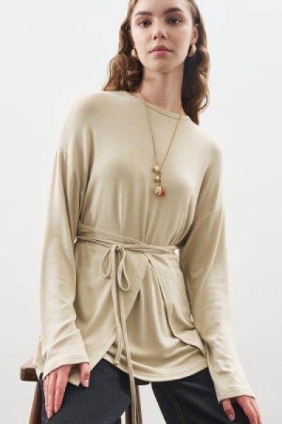 BELİ BAĞLAMA TASARIMLI BLUZ TAŞ 