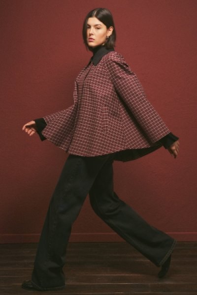 CONTRAST COLLAR TRENCH COAT PLAID 