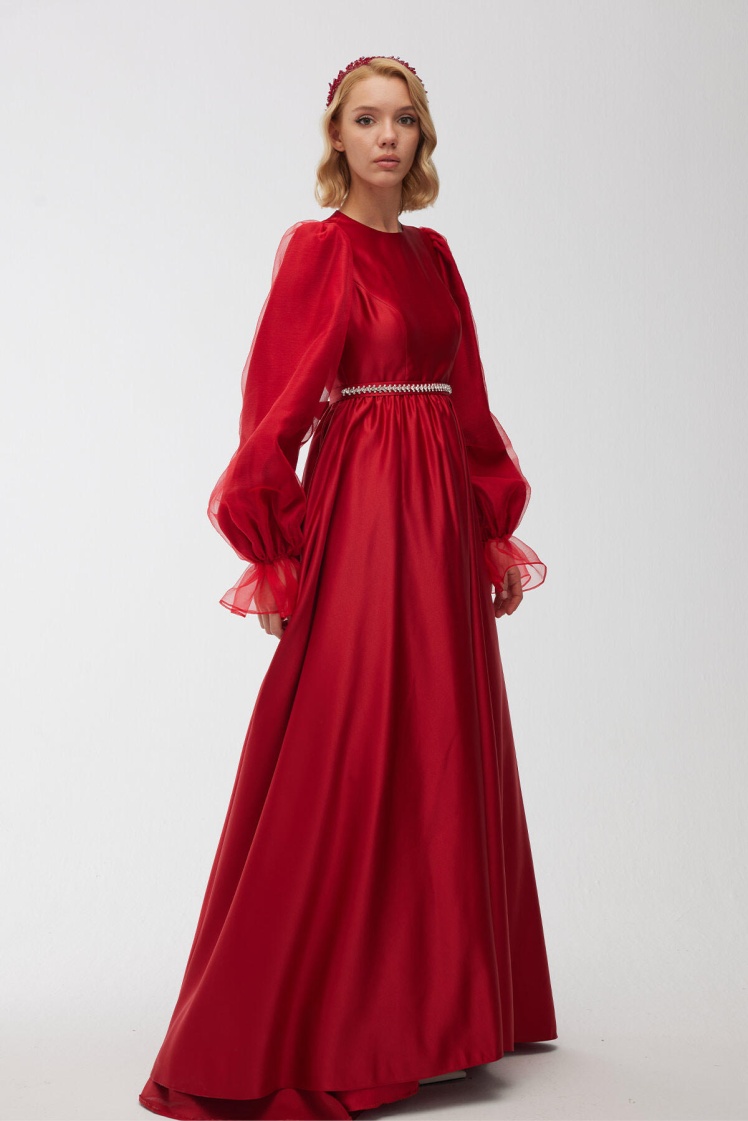 STONEY BELTED SATIN EVENING DRESS RED